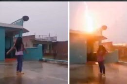 Girl in India narrowly escapes being struck by a lightning bolt while making reel