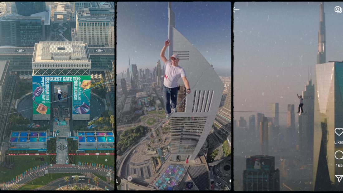 Slackliner Jaan Roose crosses Jumeirah Emirates Towers at 224m high