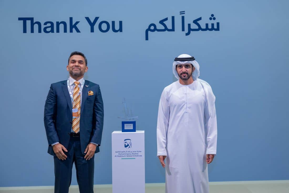 H.H. Sheikh Hamdan bin Mohammed bin Rashid Al Maktoum with Dr. Shamsheer Vayalil. Dr. Shamsheer Vayalil donates AED 5M to Fathers' Endowment campaign