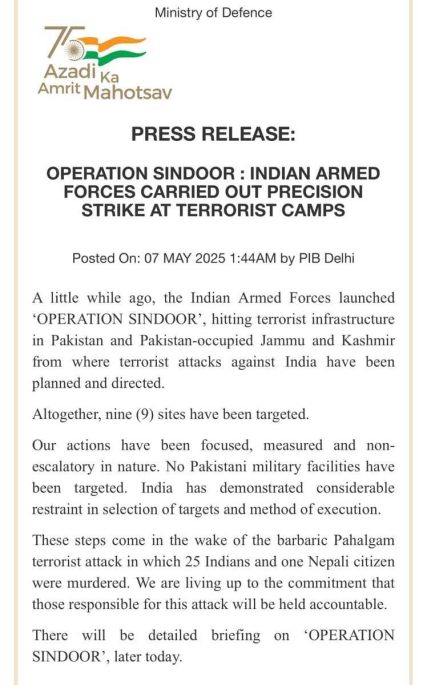 India launches Operation Sindoor targeting 9 terror sites across border