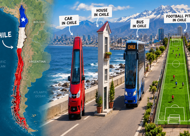 Chile map beside narrow cars and buildings inspired by the viral Chile memes trend.