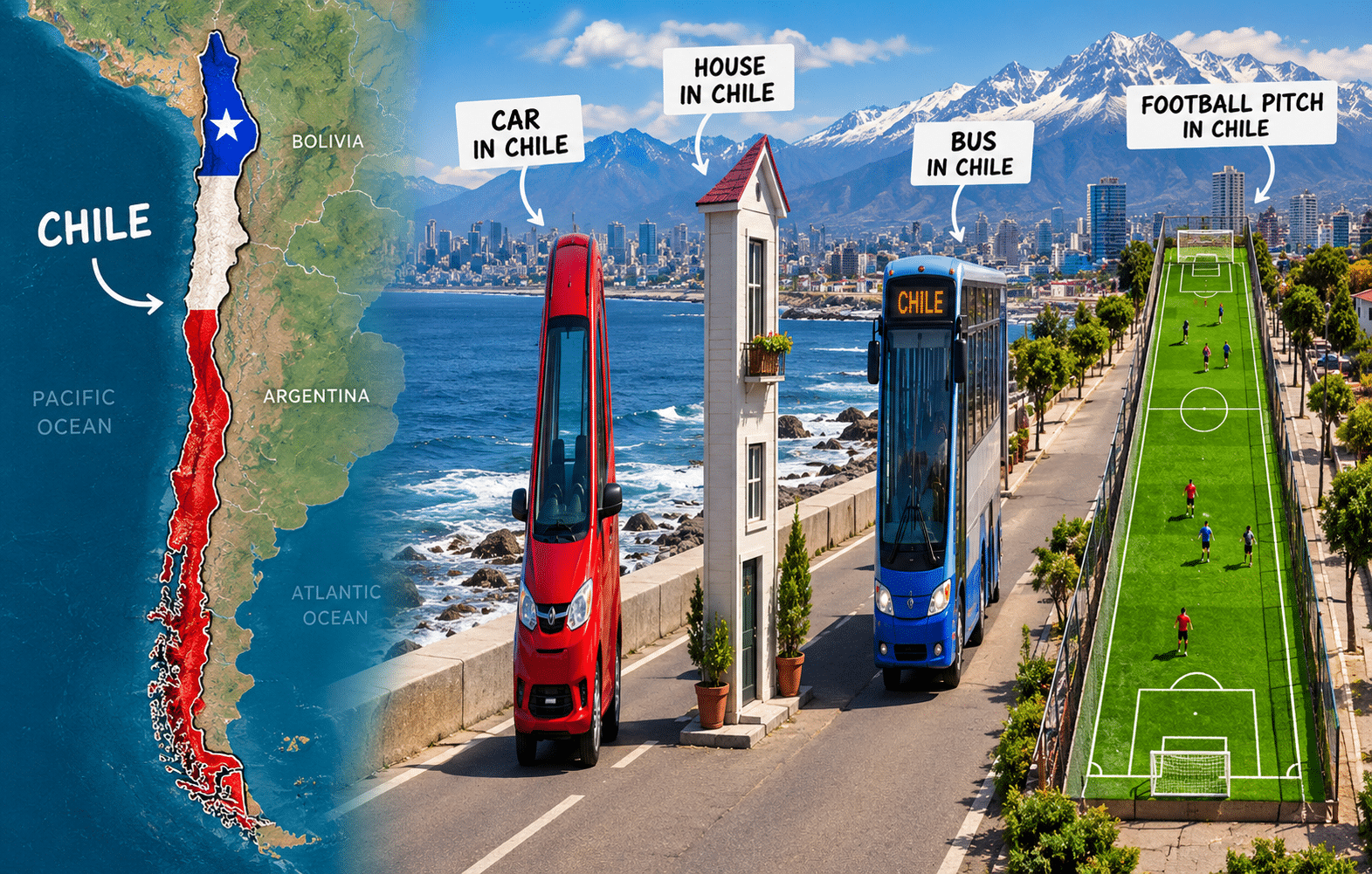 Chile map beside narrow cars and buildings inspired by the viral Chile memes trend.