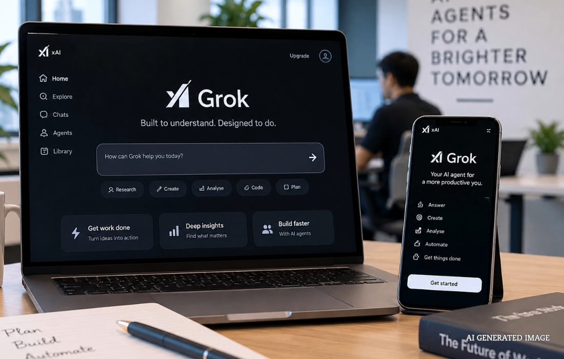 Grok AI interface representing SpaceXAI's autonomous Grok Bot agent for workplace tasks.