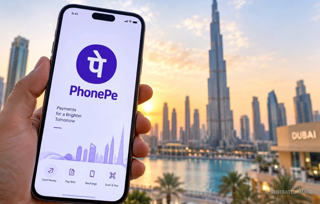 Smartphone displaying digital payment services against the Dubai skyline as PhonePe moves closer to its UAE launch.