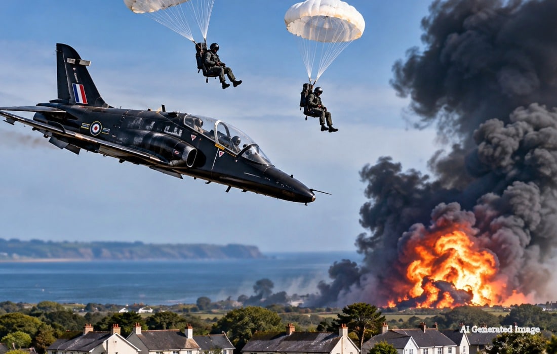 two RAF pilots ejecting from a Hawk T2 as the jet crashes near homes in Wales.