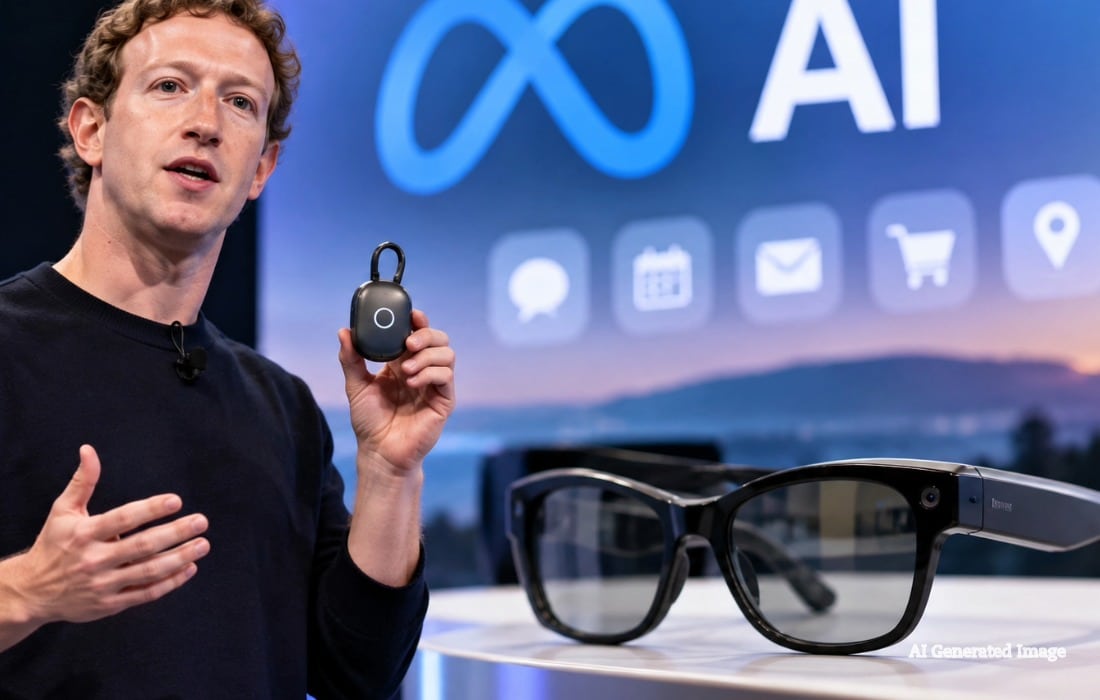 Meta-style AI smart glasses and a compact wearable device representing the company's push into personal AI technology.