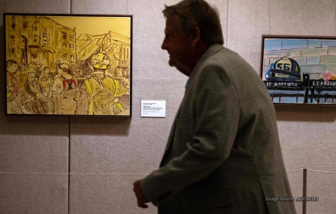 George W. Bush artwork from the Remembering 9/11 exhibition marking 25 years since the September 11 attacks.