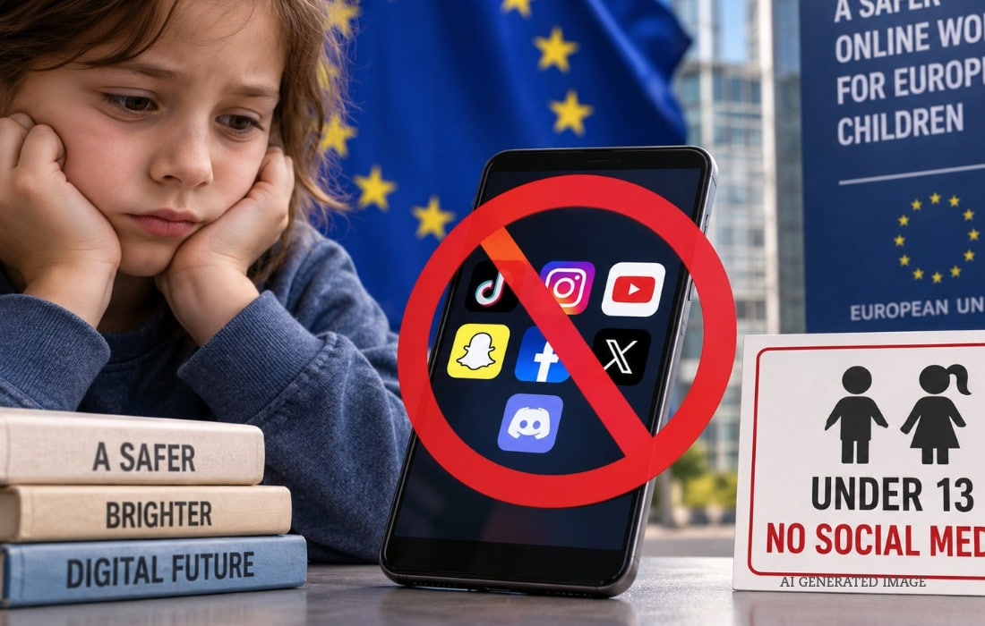 Child using a smartphone as the European Union proposes new age restrictions on social media access.