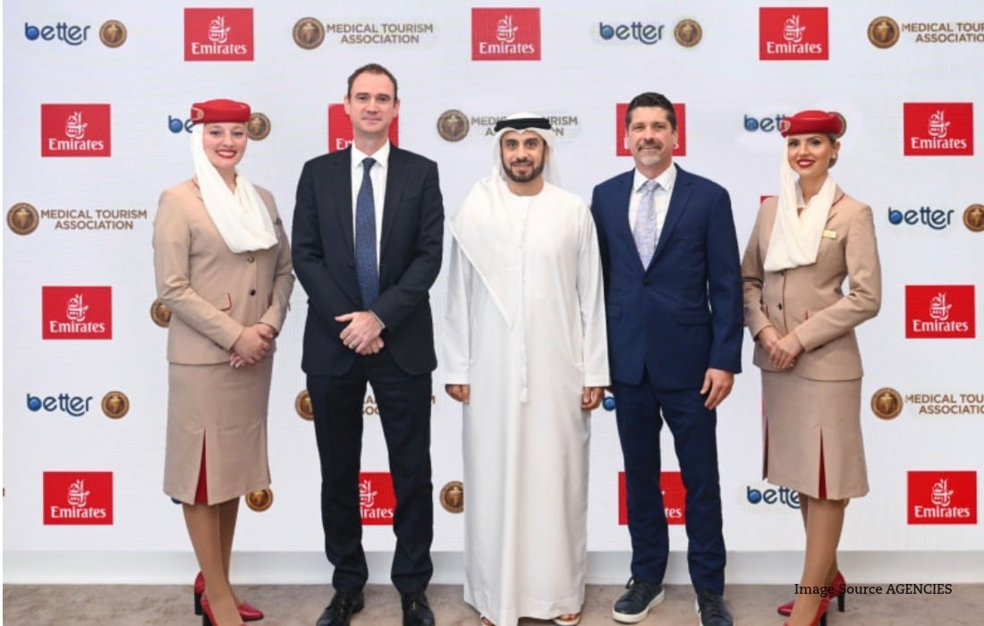Emirates and Medical Tourism Association representatives mark their new healthcare travel partnership at Arabian Travel Market 2026.