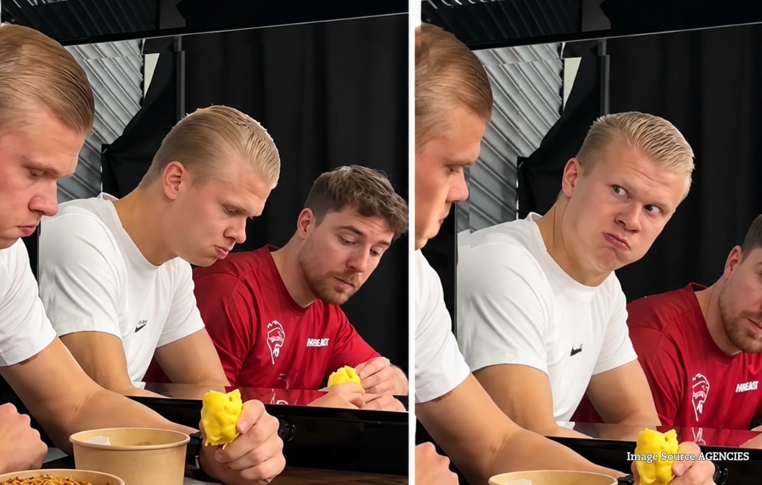 Erling Haaland and MrBeast recreating the viral scared Haaland AI mirror meme.