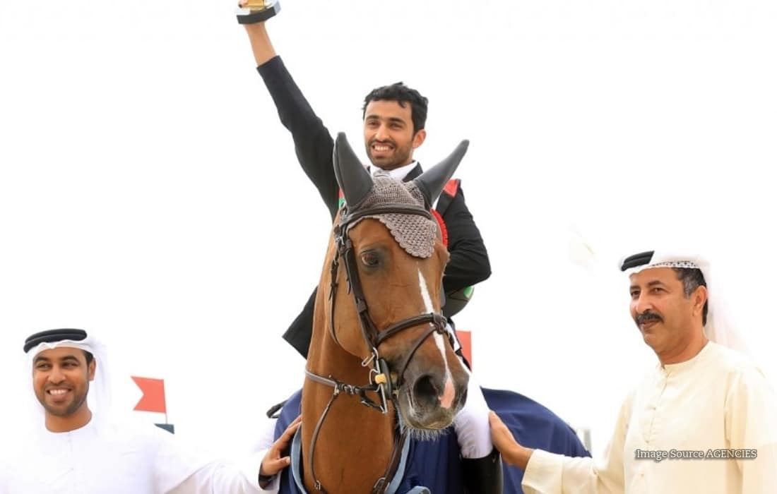 UAE show jumper Salem Ahmed Al Suwaidi competing aboard Pablo Escobar KJV at an international equestrian event.