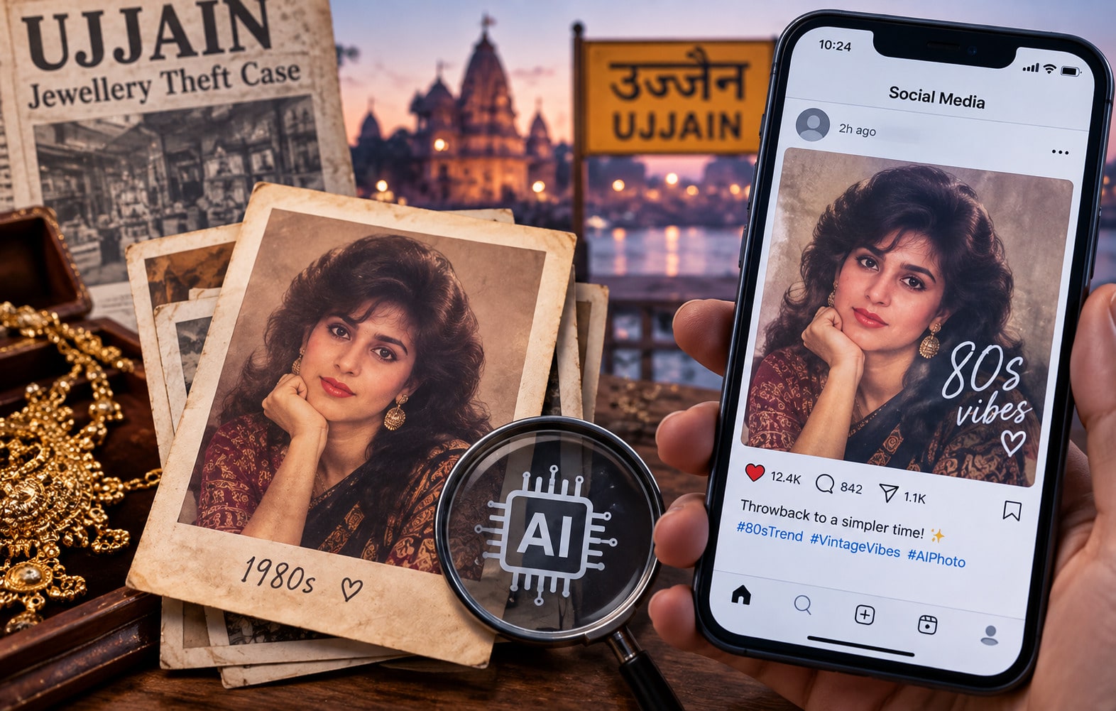 Illustration representing the viral ’80s AI photo trend and the debunked Ujjain gold theft story.
