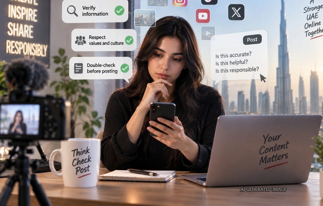 Content creator checking information on a smartphone before posting on social media in the UAE.