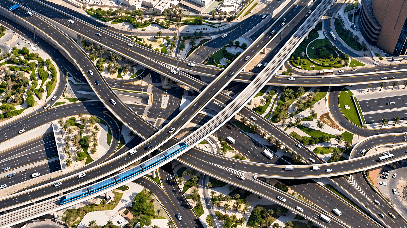 Aerial view of Dubai World Trade Centre Roundabout after completion of five new bridges