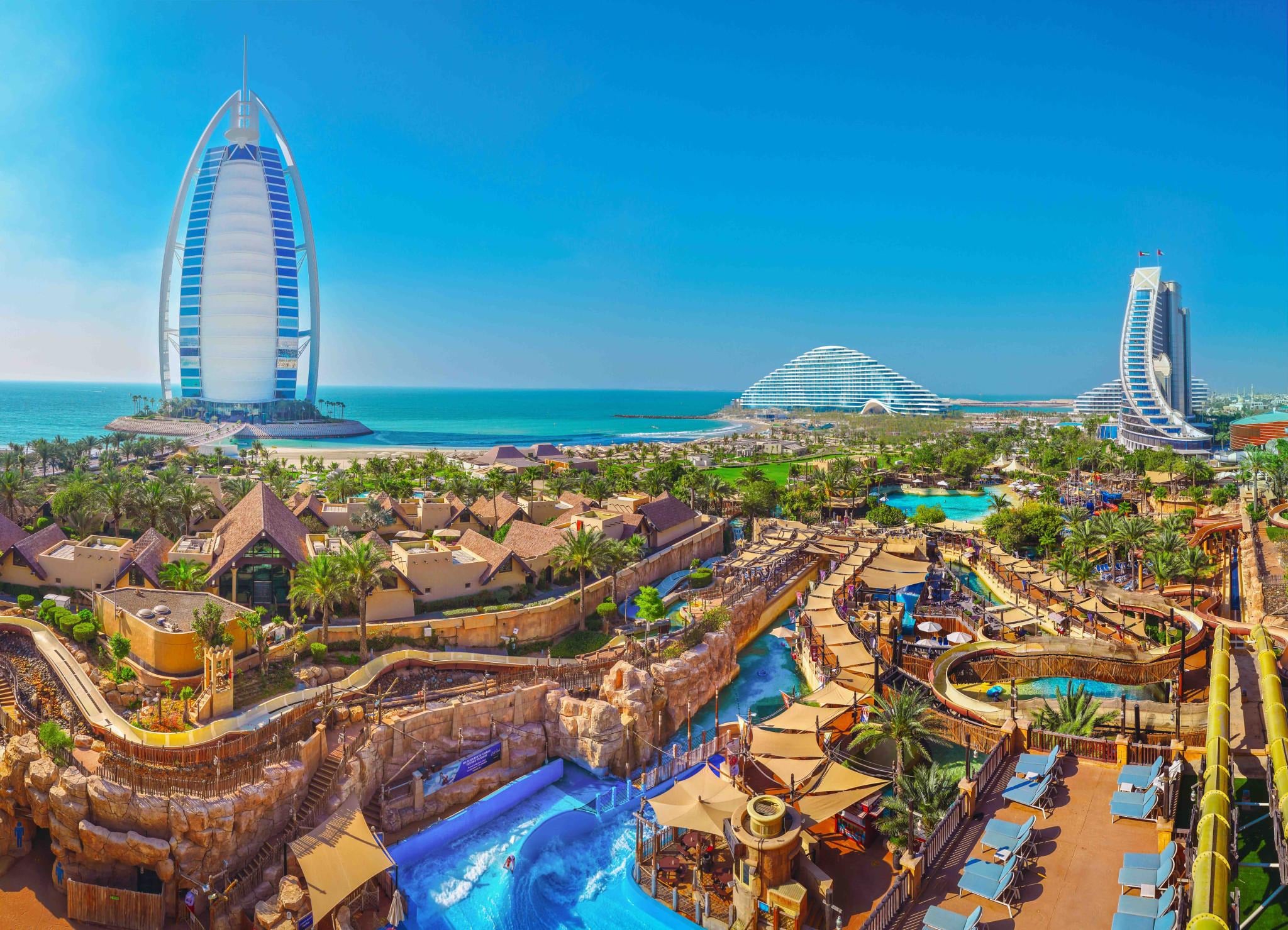 Wild Wadi Waterpark in Jumeirah, Dubai, featuring waterslides and Burj Al Arab ahead of its November 2026 reopening