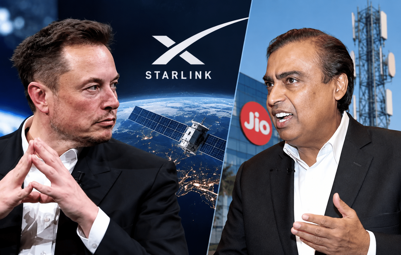 Elon Musk and Mukesh Ambani amid dispute over Starlink satellite internet approval in India.