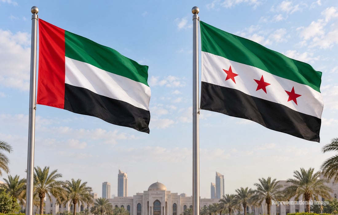 UAE, Syrian and Israeli national flags displayed side by side against a neutral diplomatic backdrop.
