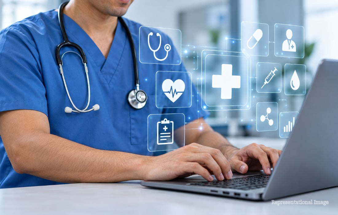 Healthcare professional reviewing an AI-powered medical device in a UK hospital.