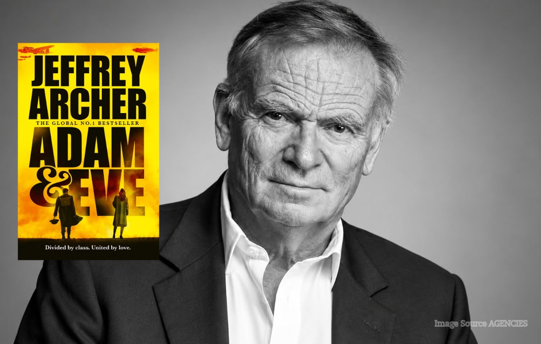 Black-and-white portrait of British author Jeffrey Archer wearing a dark blazer and white shirt.
