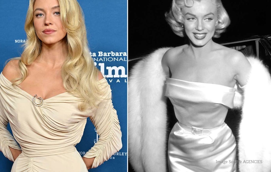 Sydney Sweeney and Marilyn Monroe portraits showing their newly discovered distant family connection.