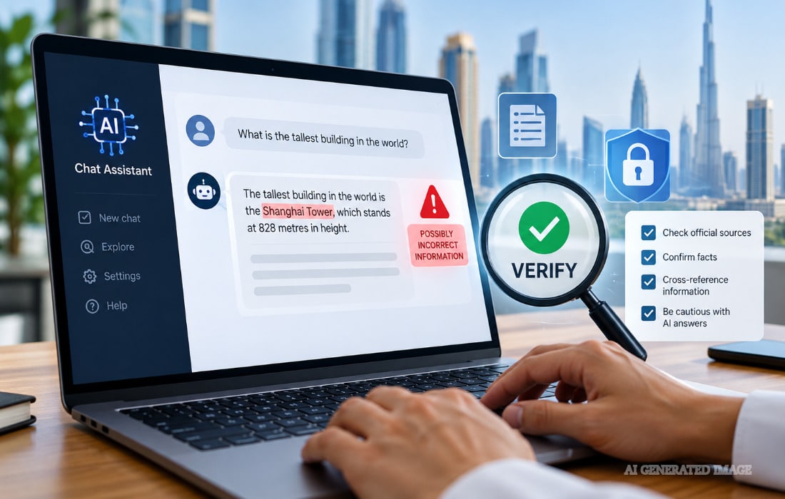Laptop showing an AI chatbot response with a verification symbol, cybersecurity elements and a warning about wrong information.