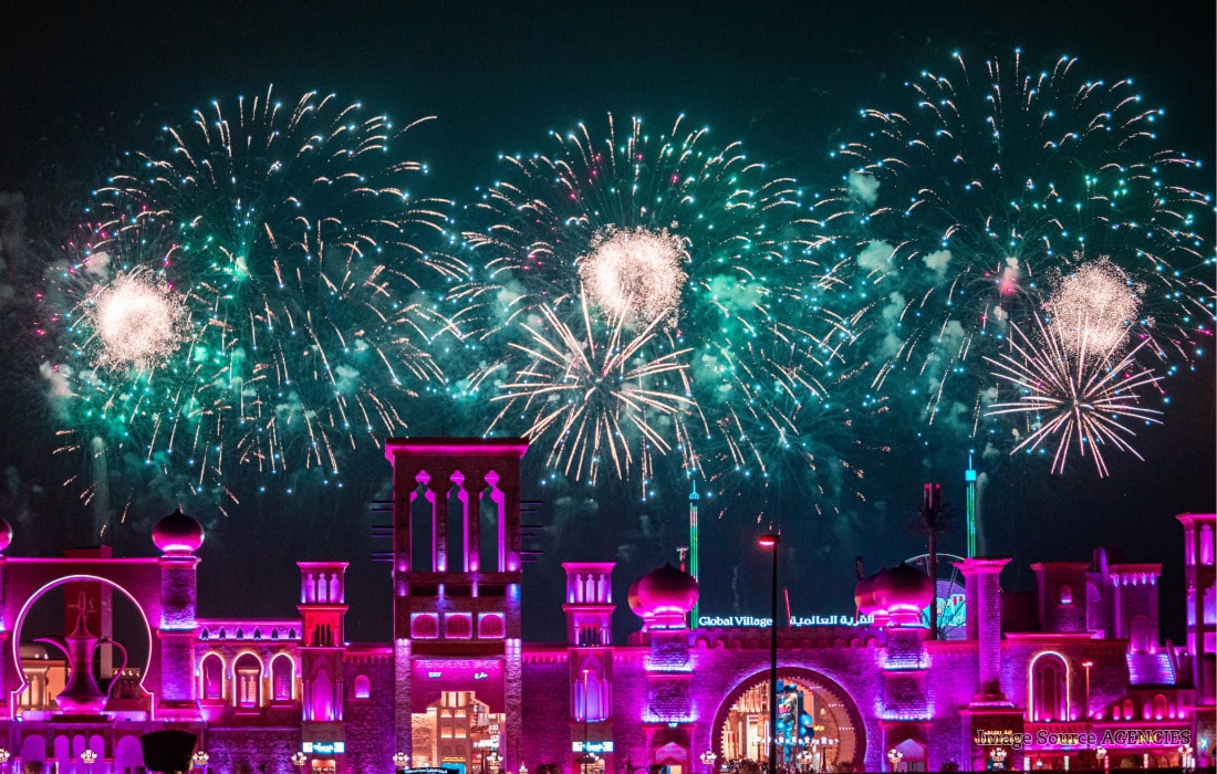 Dubai Global Village illuminated at night as the multicultural attraction prepares to welcome visitors for Season 31.