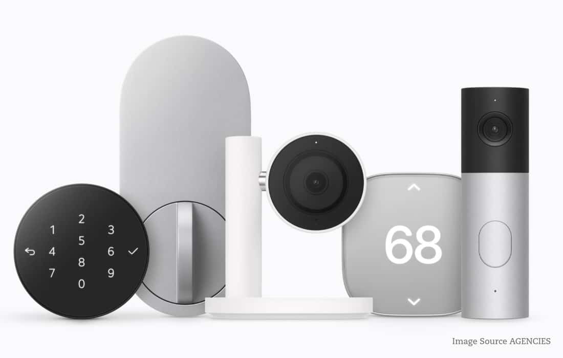 Apple Home Collection smart home accessories featuring LG security cameras, a video doorbell, smart door lock and Schneider Electric thermostat