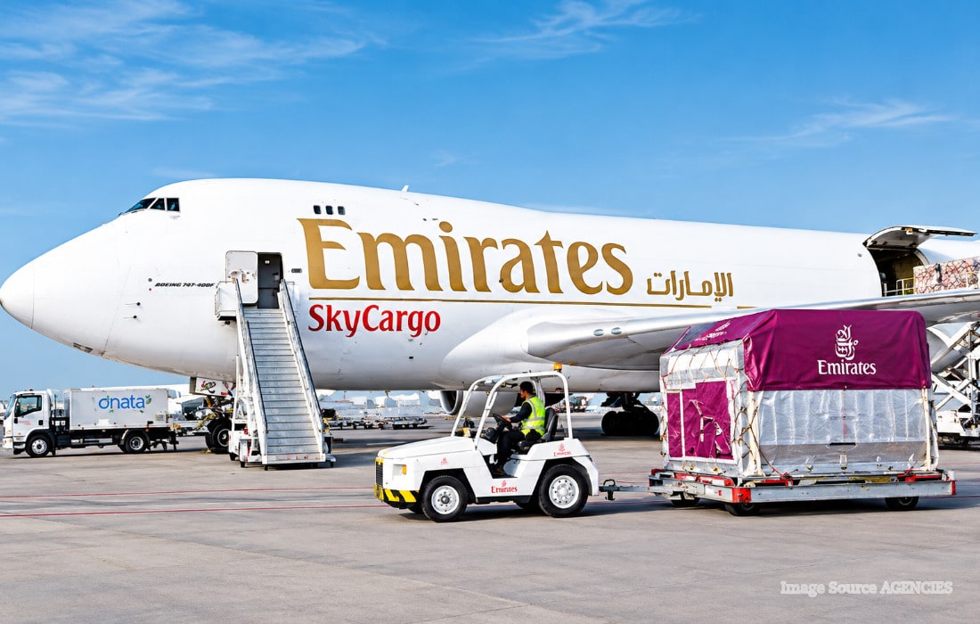 Emirates aircraft at Mumbai airport amid discussions over international flight transfers to Navi Mumbai.