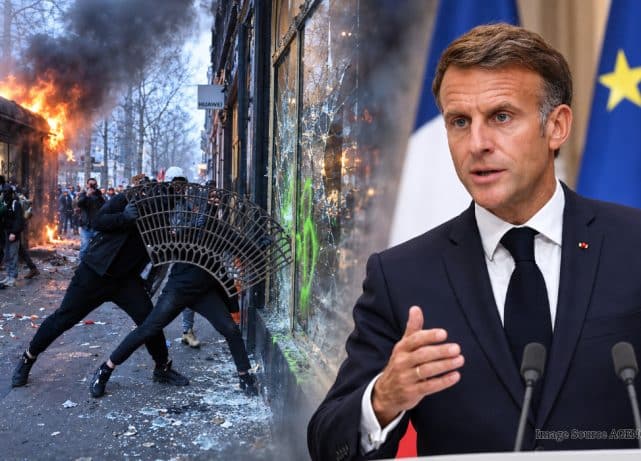 Riot-damaged streets in France following nationwide protests in October 2026 as President Macron responds to the violence.