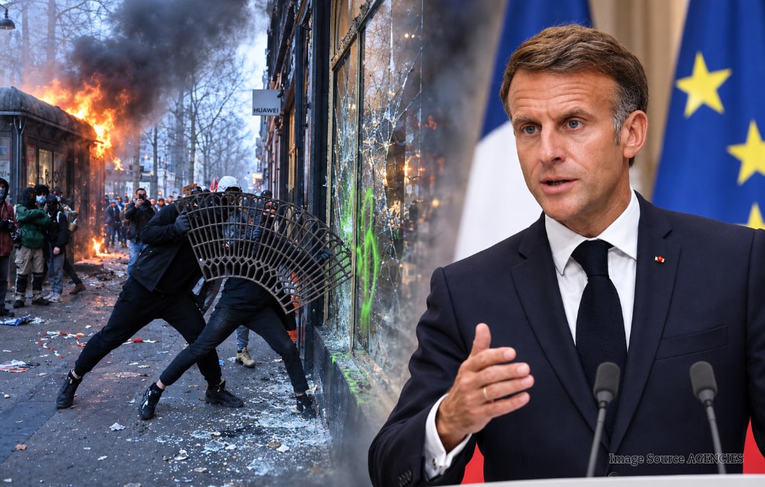 Riot-damaged streets in France following nationwide protests in October 2026 as President Macron responds to the violence.
