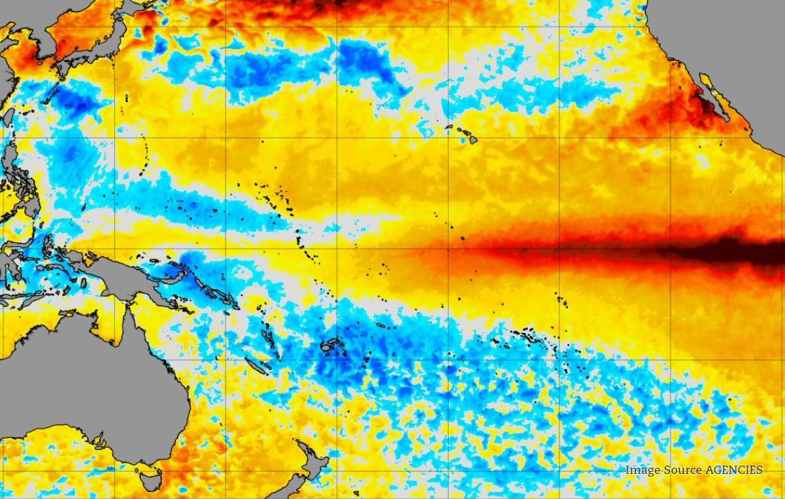 NOAA Pacific Ocean temperature anomaly map showing warmer-than-average sea surface temperatures associated with El Niño