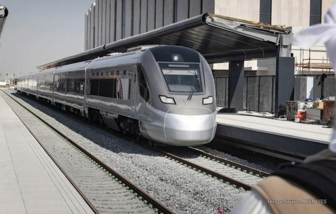 Etihad Rail passenger train in Abu Dhabi, where free Yas Express shuttles will connect travellers to Yas Island attractions