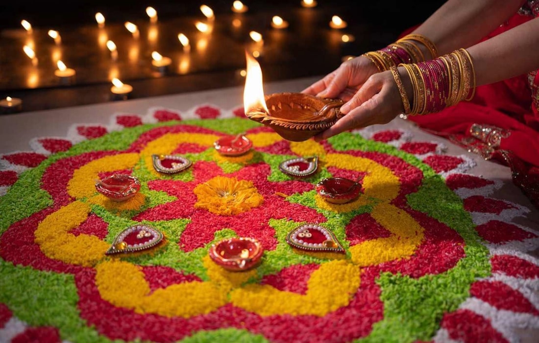 Colourful Diwali lights and decorations representing Diwali 2026 celebrations in Dubai and Abu Dhabi