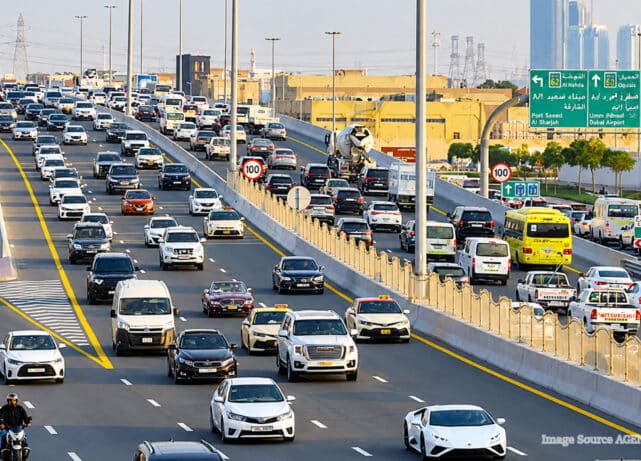 Heavy traffic on a Dubai highway amid weekend road closures and transport changes