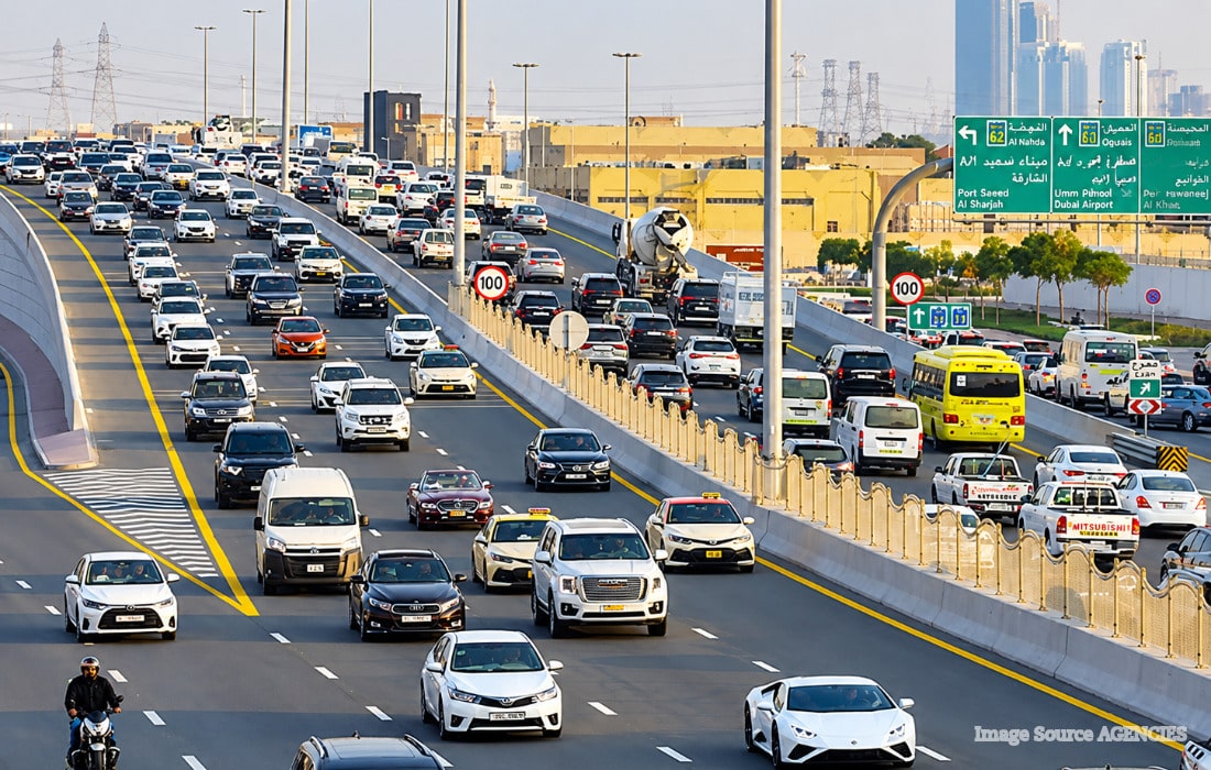 Heavy traffic on a Dubai highway amid weekend road closures and transport changes