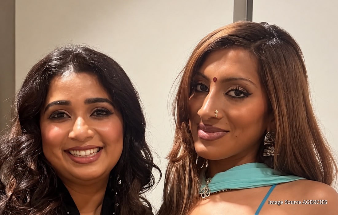 Lara Raj and Shreya Ghoshal posing together at a Recording Academy event in Los Angeles.