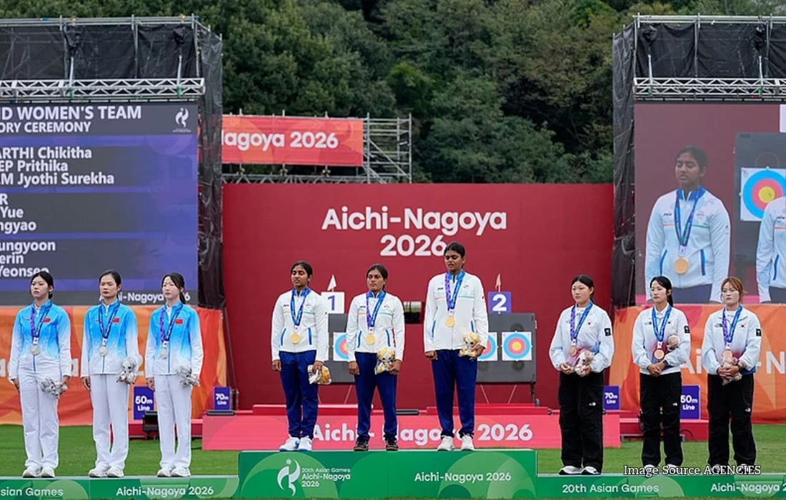 India women’s compound archery team celebrating their gold medal at the 2026 Asian Games in Aichi-Nagoya.