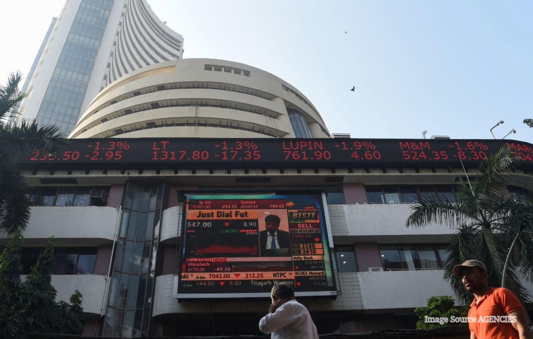 Bombay Stock Exchange building in Mumbai with Sensex market display