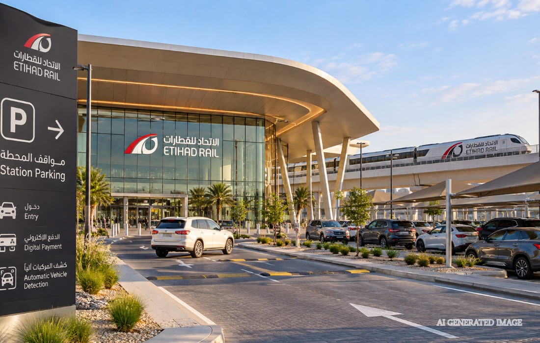 Etihad Rail passenger station showing road access and parking facilities in the UAE.