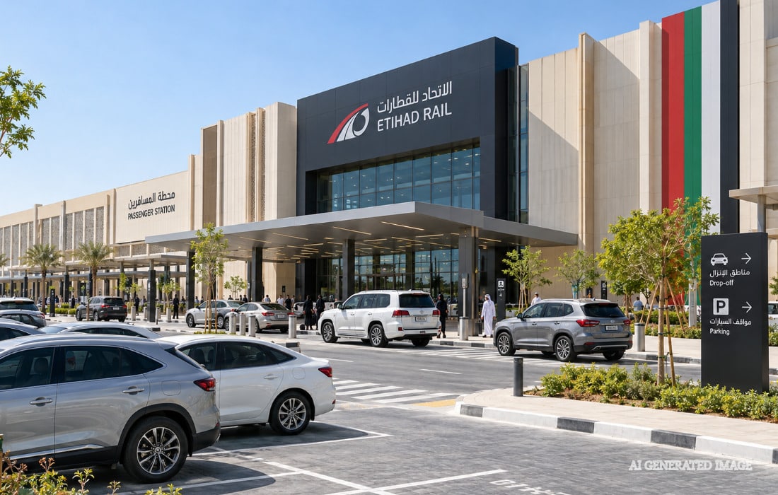Etihad Rail passenger station exterior with vehicle access and parking area in the UAE.