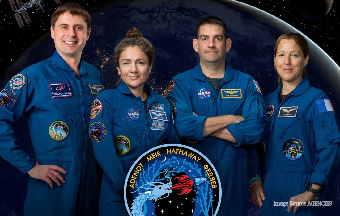 NASA SpaceX Crew-12 astronauts Jessica Meir, Jack Hathaway, Sophie Adenot and Andrey Fedyaev pictured together ahead of their return from the International Space Station.
