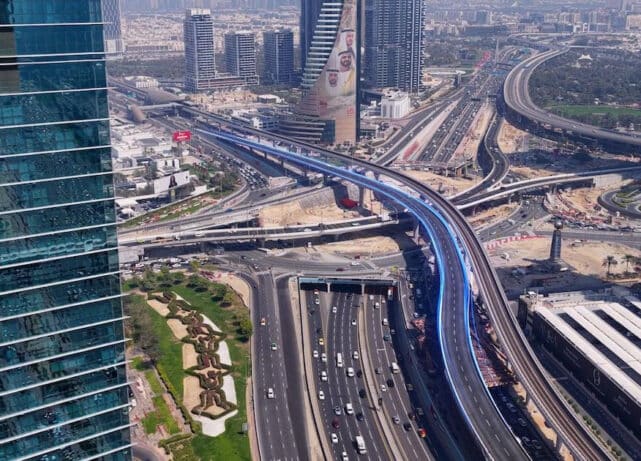 Dubai World Trade Centre Roundabout bridge development project featuring new elevated roads designed to reduce traffic congestion