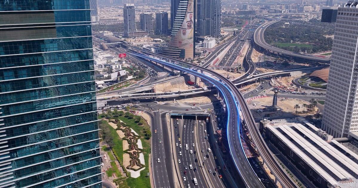 Dubai World Trade Centre Roundabout bridge development project featuring new elevated roads designed to reduce traffic congestion