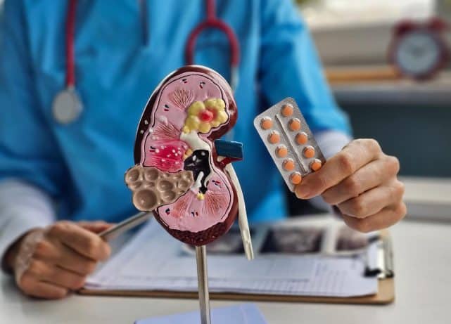 Kidney anatomical model with painkiller tablets illustrating the risks of prolonged self-medication